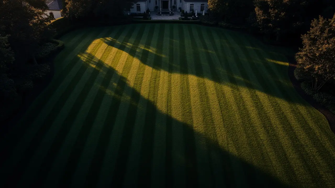 Freshly mowed, manicured lawn in Monticello, Florida at golden hour